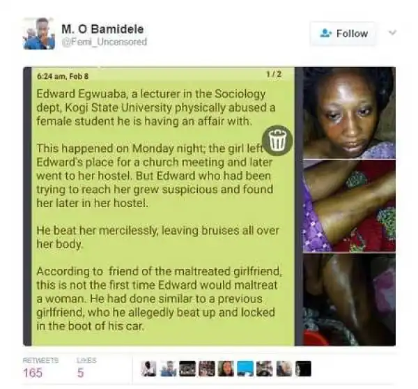 Oh No! See How Kogi State University Lecturer Allegedly Battered His Female Lover (Photos)